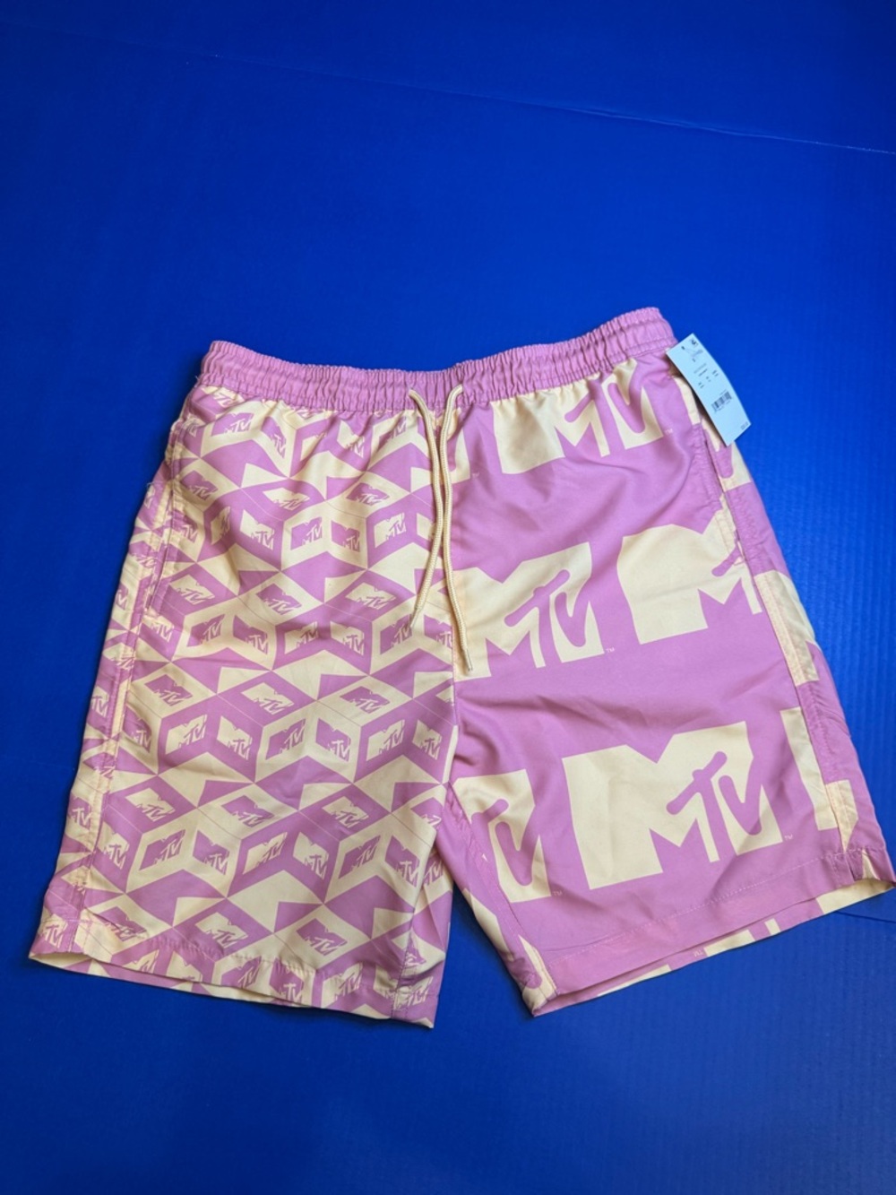 MTV Pink and Cream Logo Pattern Swim Trunks